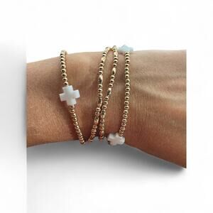 Gold and White Cross Beaded Stretch Bracelets - Pkg of 4